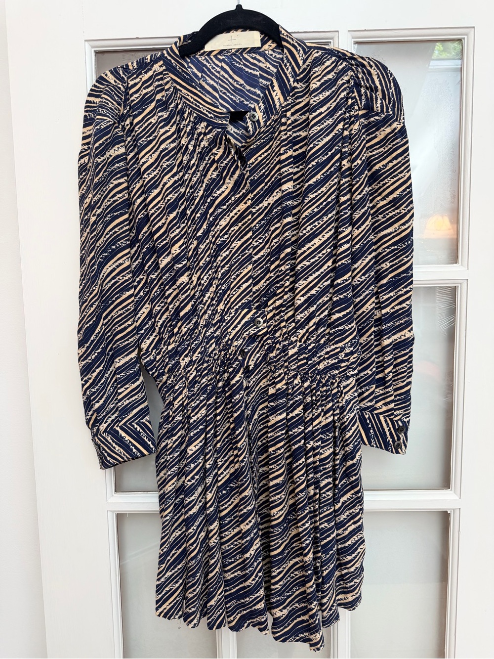 Thakoon Addition Long Sleeve Silk Print Shirt Dress Navy Cream Size 0 XXS XS